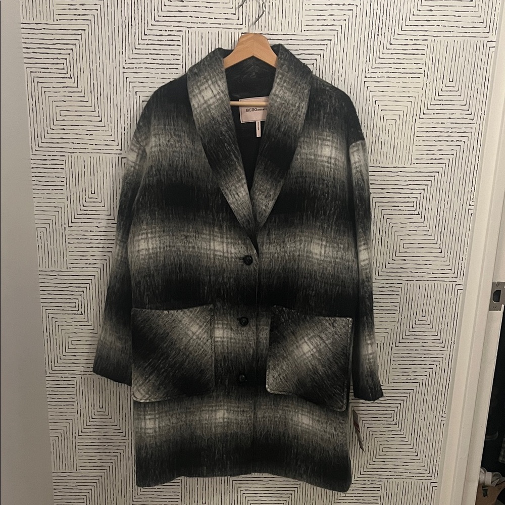 BCBGeneration Black Ombré Plaid Pea Coat